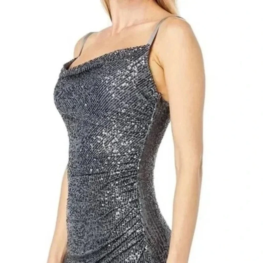 LAUNDRY by Shelli Segal Sequin Cowl Neck Slip Midi Dress in Gunmetal - Picture 2 of 12